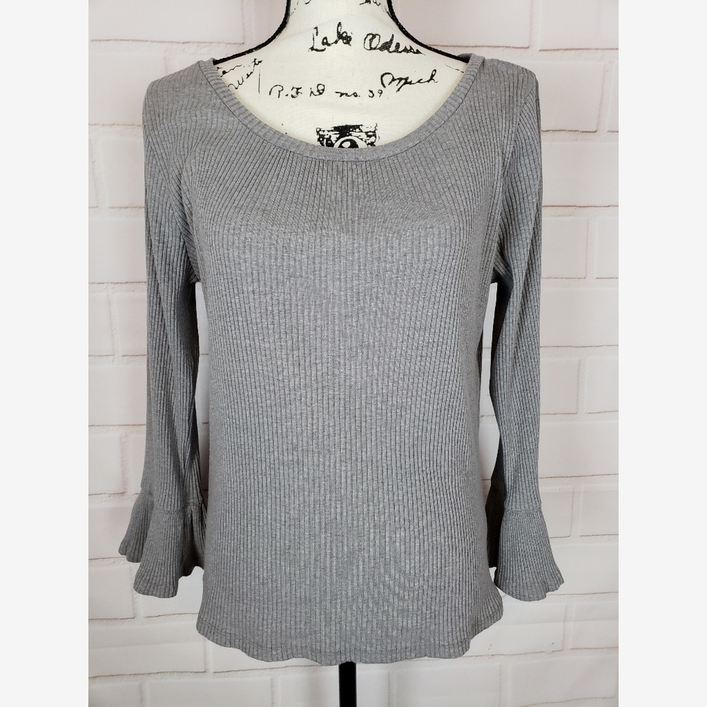 J Crew Bell Sleeve Gray Ribbed Top Size M